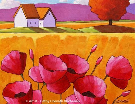 Pink Poppies Yellow Grass Folk Art Print Summer Flowers