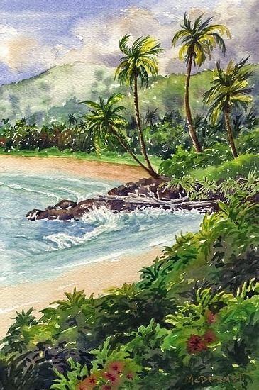 Wailua Bay Kauai By Mark Mcdermott Watercolor ~ 11 X 7 Landscape