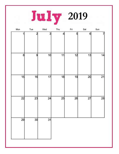20 July 2019 Printable Calendar Free Download Printable Calendar