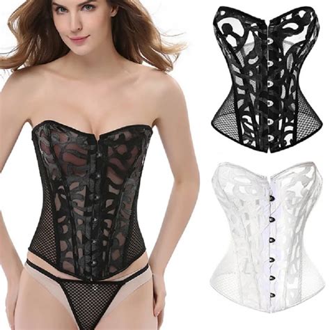 women sexy corset mesh brocade overbust corset strapless waist train shapewear satin bone lace