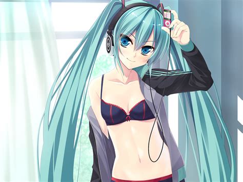 aqua hair blue eyes bra hatsune miku headphones ipod navel open shirt twintails underwear