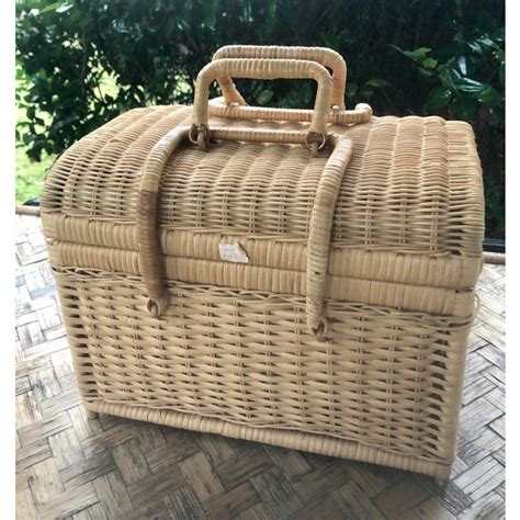 Contain some cosmetics and miscellaneous goods watches and pocket money; Vintage Natural Wicker Bamboo Rattan Picnic Basket | Chairish