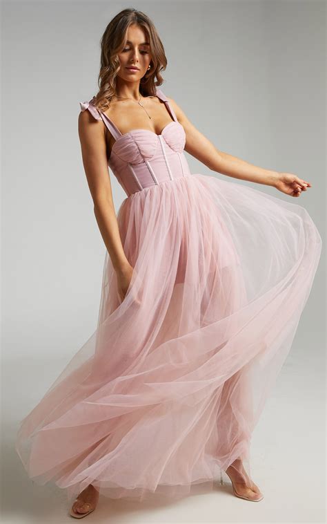 Emmary Bustier Bodice Tulle Gown In Pink Showpo Usa