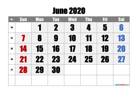Free Printable June 2020 Calendar Premium