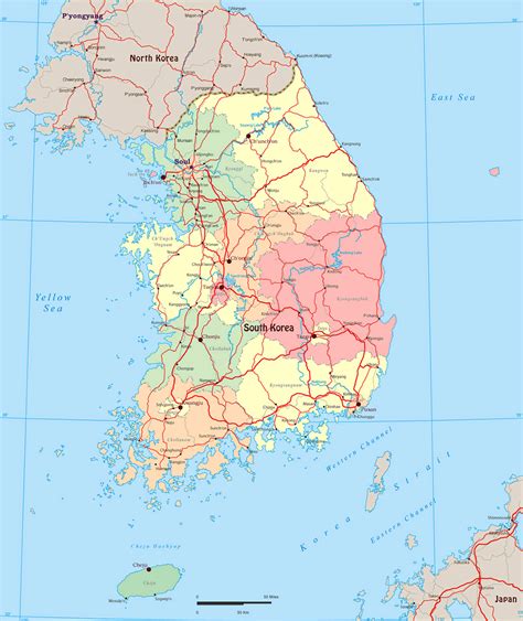 Large Political And Administrative Map Of South Korea With Roads And