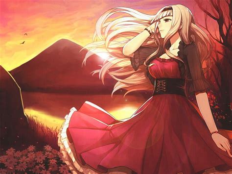 In The Sunset Touhou Red Dress Brown Eyes Anime Bonito White Hair