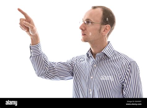 Isolated Serious Man In Blue Shirt Pointing With His Finger Sideways On