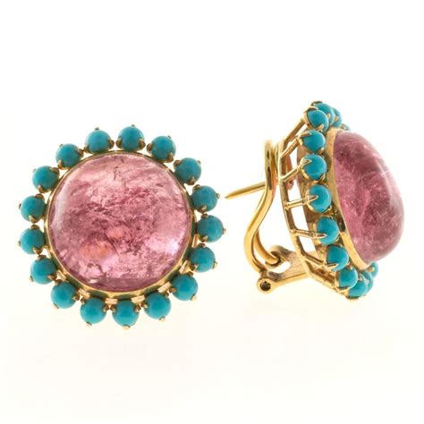 Pink Tourmaline Persian Turquoise Gold Earrings 1stdibs Com Pink
