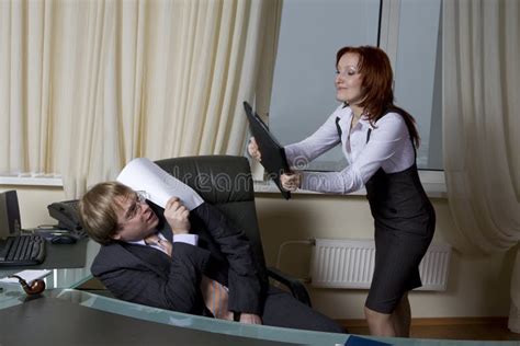 Secretary Trying To Beat Her Boss Stock Image Image Of Pensive Fight