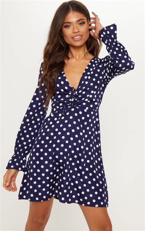 Navy Polka Dot Ruched Tea Dress Dresses Prettylittlething