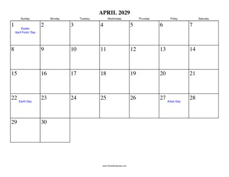 April 2029 Calendar