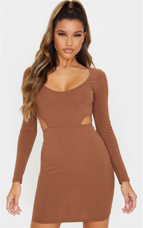 Chocolate Brown Ribbed Long Sleeve Bodycon Dress Prettylittlething Aus