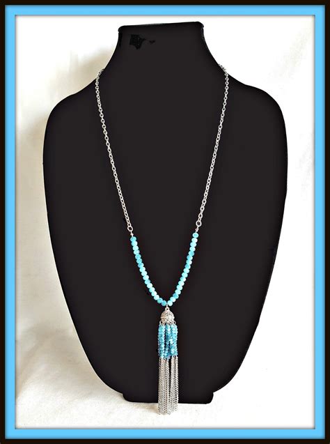 Turquoise Crystal Necklace Silver Tone Chain And Turquoise Crystal