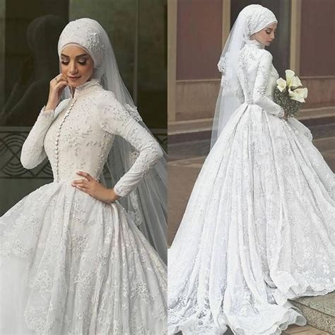 Buy Saudi Arabic Long Sleeve Muslim Lace Wedding Dresses 2016 Zipper Back