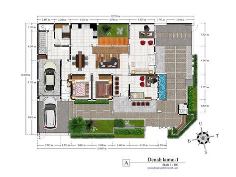 Desain Arsitektur Denah Lantai Satu Rumah Tropis Kontemporer • Rumah