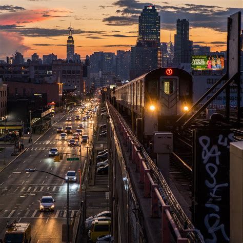 New York Skyline From Queens 7 Train Subway Mta At Sunset Etsy