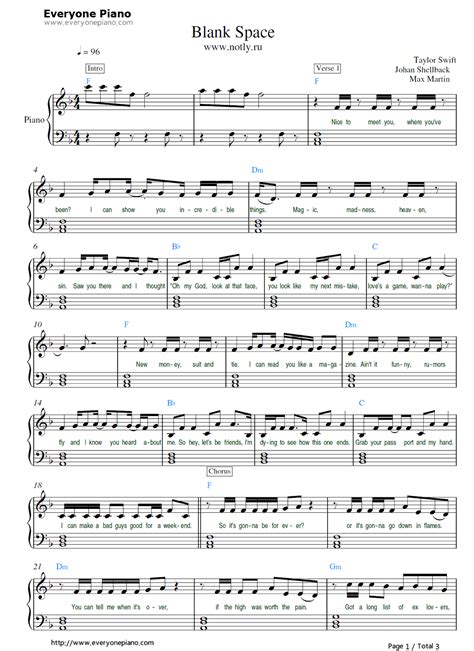 Free Blank Space Taylor Swift Piano Sheet Music Preview 1 Free Piano