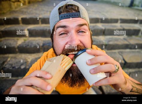 Street Food Concept Man Bearded Eat Tasty Sausage And Drink Paper Cup Urban Lifestyle