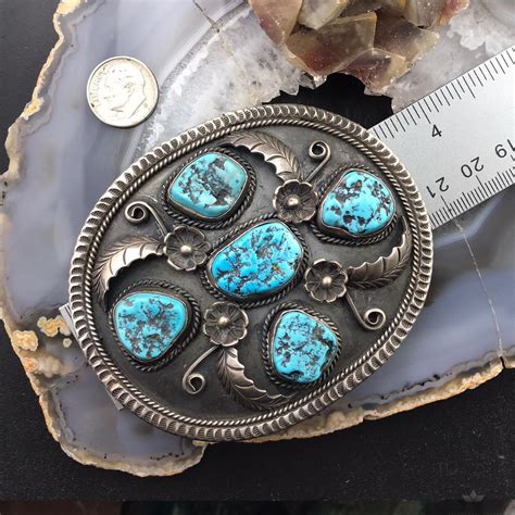Native American Silver Large And Heavy Turquoise Western Belt Buckle