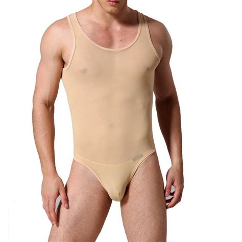 Jual See Through Sheer Sexy Mens Bodysuit Undershirts Elastic Vest One
