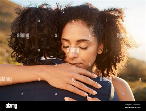 Wedding Black Woman And Man Hug At Sunset Together For Care Love And