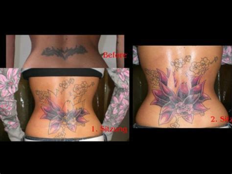 A black smudge tattoo is brilliantly covered up with a colorful flower. 19 Best Lower Back Tattoo Cover Ups Design Ideas ...