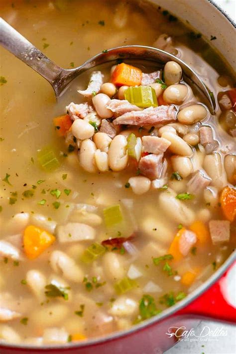 Combine ham bone and 4 quarts of water in a large stock pot of dutch oven at least the night before. Ham and Bean Soup (15 Minute Recipe) - Cafe Delites