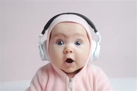 Alegre Bebé Sorprendido De 6 Meses Usando Auriculares Para Escuchar