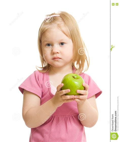 Little Girl Portrait Eating Green Apple Isolated Stock Photo Image Of