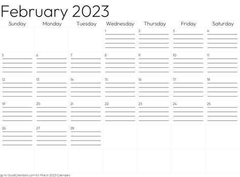 Lined February 2023 Calendar Template In Landscape