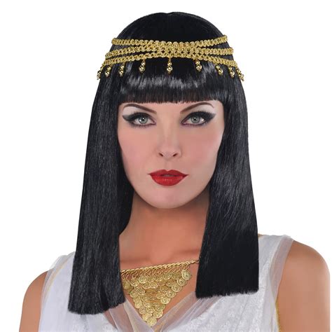 Egyptian Goddess Cleopatra Ladies Wig Black Hair Jewel Gold Elasticated
