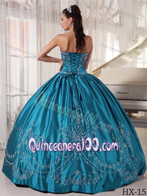 Teal Strapless Ball Gown Quinceanera Gown Dress With Embroidery