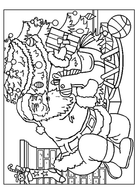 La hotte est orange et les jouets sont roses, verts, bleus, jaunes et rouges. Coloriage Arrivé du Père Noël