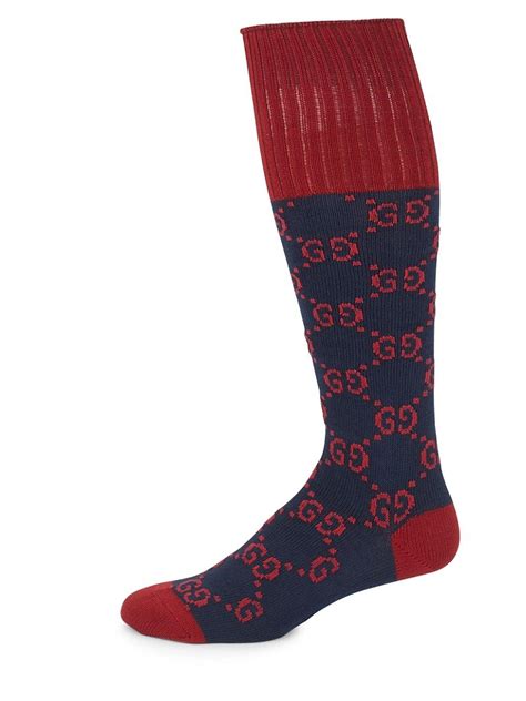 Gucci Patterned Ribbed Stretch Cotton Blend Socks In Navy Red Blue