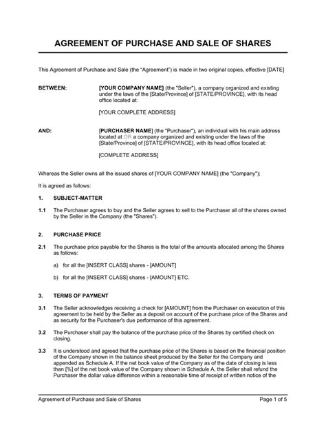 Share Purchase Agreement Template Free Printable Templates