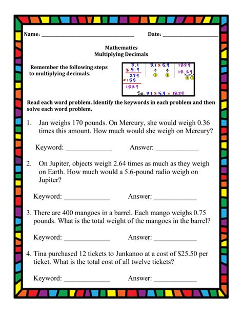 6th grade multiplying decimals worksheets, including multiplying decimals by whole numbers, multiplying decimals by decimals, mental multiplication of decimals, multiplying decimals by 10, 100, 1,000 or 10,000 and decimal multiplication in columns. Multiplying Decimals Word Problems worksheet