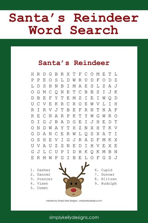 Free Santas Reindeer Word Search Printable