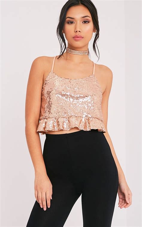 Radha Rose Gold Sequin Ruffle Hem Crop Top Sequins Top Outfit Gold