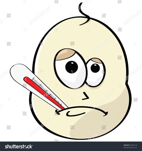 Cartoon Illustration Of A Sick Baby With A Thermometer In His Mouth