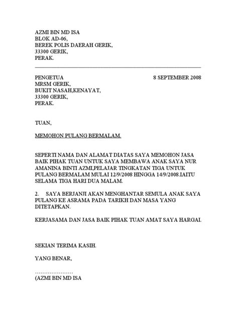 Surat Memohon Kebenaran Balik Awal  Contoh Surat