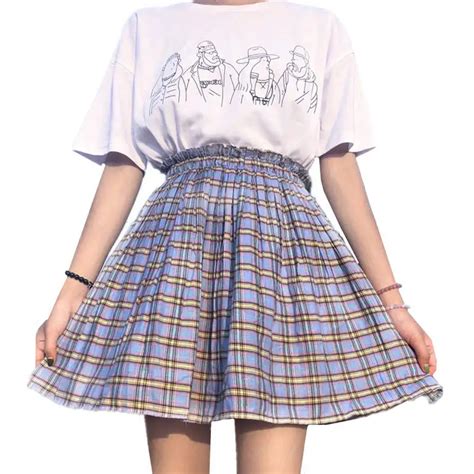 summer women elastic waist pleated washed checkered skirts female 2019 new polyester thin plaid