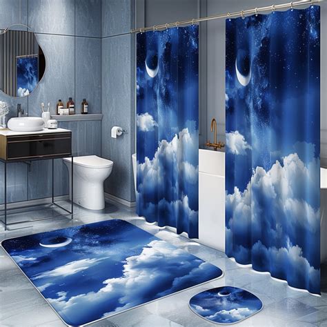 Enchanting Night Sky Moon & Clouds Shower Curtain Set Blue & White