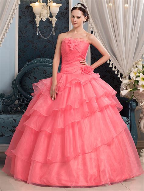 Simple Coral Ball Gown Quinceanera Dresses Strapless Floor Length Tiered Organza Quinceanera