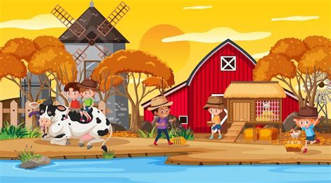 Premium Vector Farm Scene With Many Kids Cartoon Character And Farm