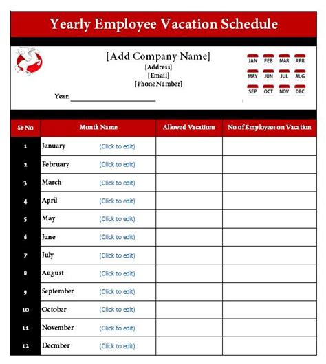 Yearly Employee Vacation Schedule Template Schedule Template