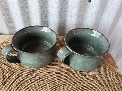 Pair Pottery Soup Mugs Green Stoneware Soup Bowls With Etsy
