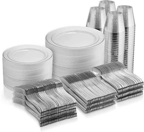 600 Piece Silver Dinnerware Set 100 Silver Rim 10 Inch Plastic Plates