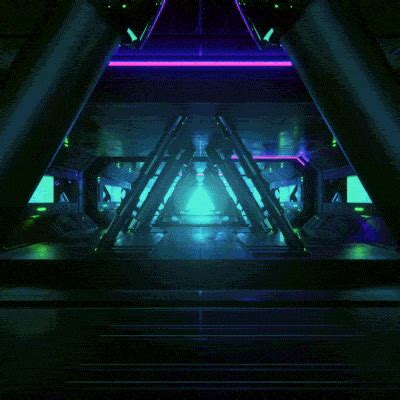 An Image Of A Sci Fi Scene In The Dark With Neon Lights And Stairs