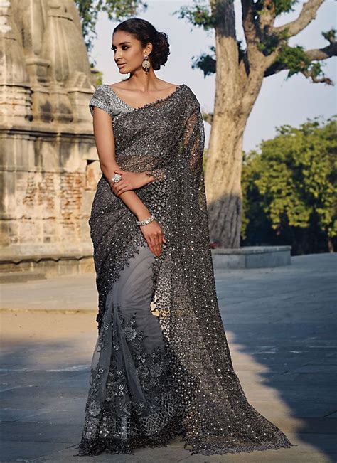 Savvy Grey Fancy Net Designer Saree Party Wear Sarees Saree Designs Indian Wedding Outfits