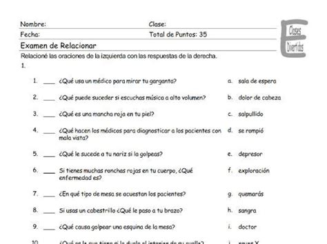 Doctors Illnesses And Injuries Spanish Matching Exam Teaching Resources